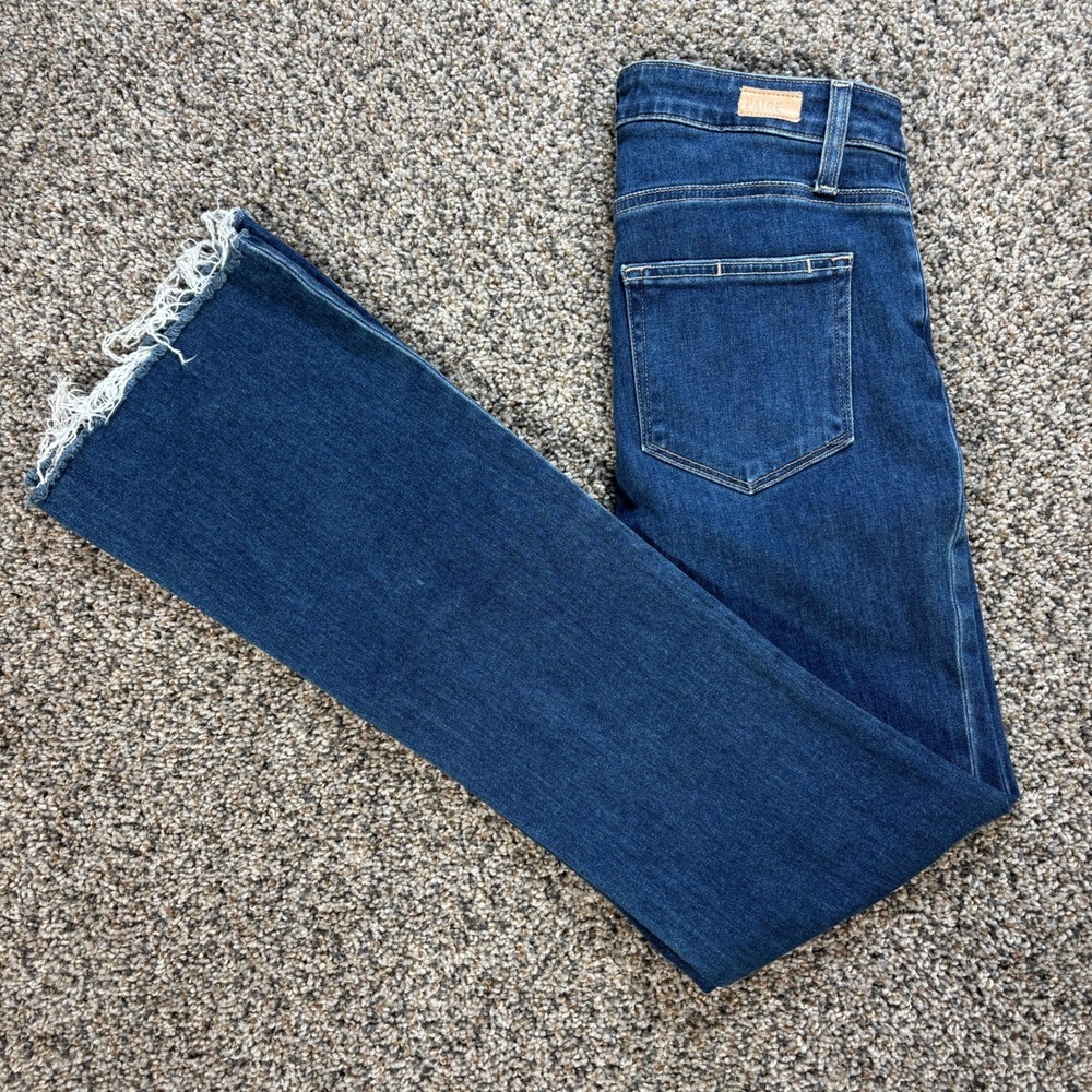 PAIGE Laurel Canyon Womens 26x32 Jeans Blue High Rise Raw Hem Flare Cotton Blend
